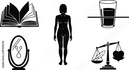 Flat design open book mirror and female silhouette facing forward with scales heart and feather and half full glass minimalist black and white vector balanced composition