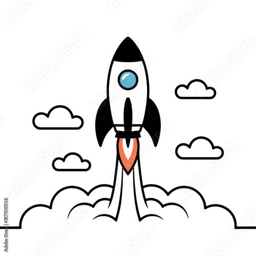 Rocket ship launching upwards with exhaust smoke illustrates startup growth, rapid.