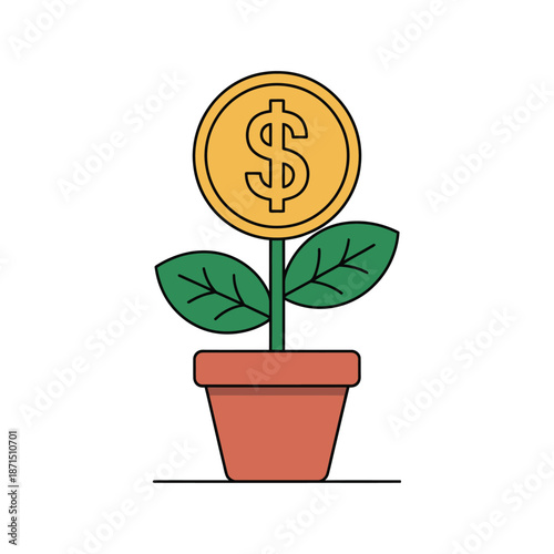 Coin representing US dollar grows like a plant in a brown flower pot suggesting investment.