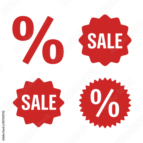 Assorted red sale and percentage discount badges feature jagged starburst shapes for.