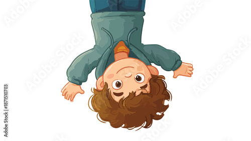 Playful Cartoon Little Boy Hanging Upside Down Vector Illustration with Outline for Creative Projects