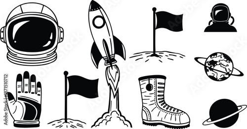 Flat line art space icon set close up astronaut helmet rocket boot glove and planted flag with stylized planets and bold outline