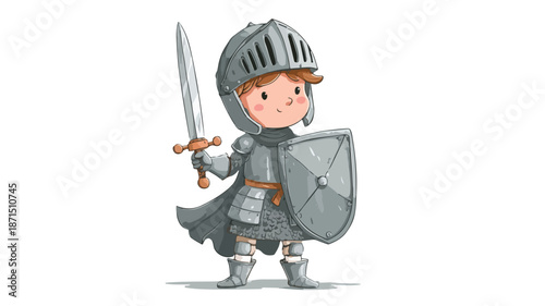 Young Boy in Knight Costume with Sword and Shield Vector Illustration