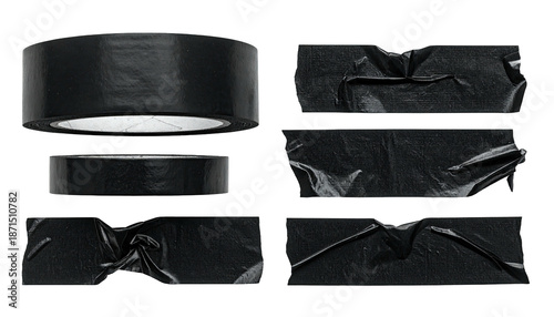 Collection of various black tape pieces and a roll, isolated on a stark black background