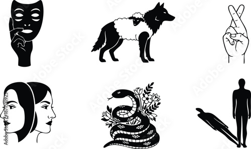 Symbolic flat design composition showing hand holding theatrical mask wolf in sheep clothing crossed fingers twin faces coiled snake and walking shadow vector icons silhouette minimalist