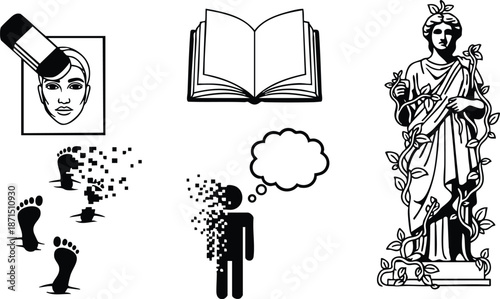 Flat design close up eraser removing portrait face open book classical statue with vines dissolving footsteps and fragmented person with thought bubble conceptual icon set silhouette