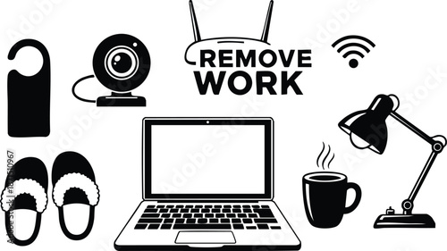 Flat design top view composition of remote work icons around laptop including webcam slippers coffee mug desk lamp remove work sign door hanger and wifi symbol