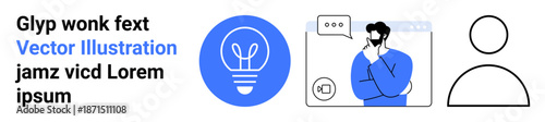 Creativity, problem-solving, brainstorming, communication, innovation, ideas. A man thinking near a lightbulb icon and chat interface. Creativity and problem-solving concepts