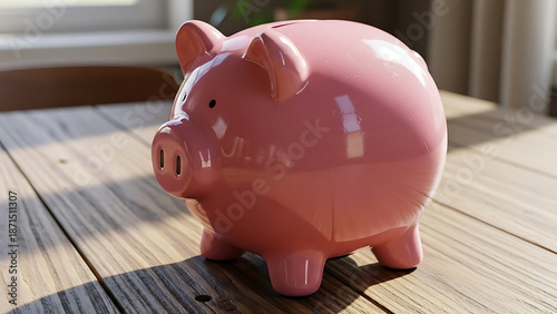 A pink ceramic piggy bank sits atop a pile of gold coins and cash, symbolizing financial savings, business investment, and wealth economy through a classic money banking concept