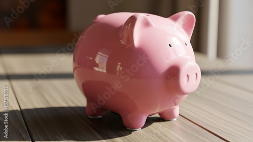 A pink ceramic piggy bank sits atop a pile of gold coins and cash, symbolizing financial savings, business investment, and wealth economy through a classic money banking concept