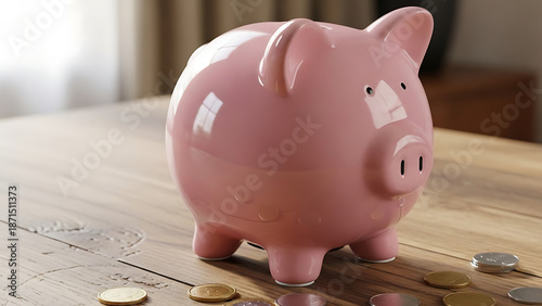 A pink ceramic piggy bank sits atop a pile of gold coins and cash, symbolizing financial savings, business investment, and wealth economy through a classic money banking concept