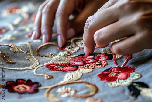 Intricate embroidery pattern stitched on natural fabric