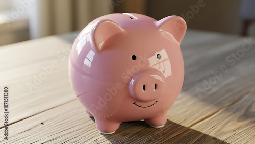 A pink ceramic piggy bank sits atop a pile of gold coins and cash, symbolizing financial savings, business investment, and wealth economy through a classic money banking concept