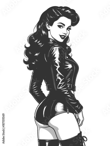 smiling young woman in a leather jacket and choker, expressing confidence and charm sketch engraving generative ai fictional character vector illustration. Scratch board imitation. Black and white.