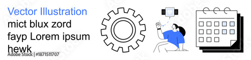 Business optimization, workflow management, data analysis, scheduling, technology, productivity. Gear, calendar and person analyzing data. Business optimization and workflow management concept