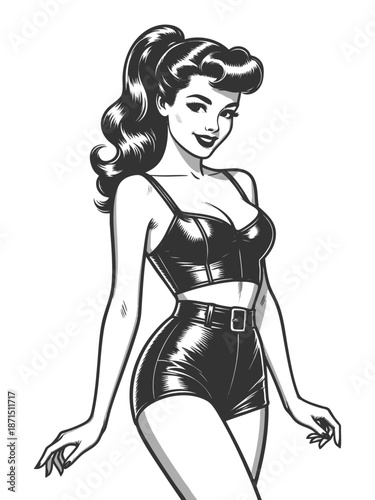 confident woman with wavy hair wearing a tight top and high-waisted shorts, posing playfully sketch engraving generative ai fictional character vector illustration. Scratch board. Black and white.