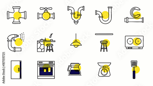 Set of plumbing and kitchen icons with yellow accents, including pipes, faucets, stove, and coffee maker