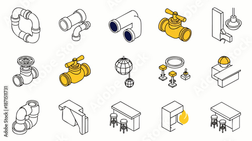 Isometric plumbing and pipe fittings icons, valves, and industrial equipment set on white background