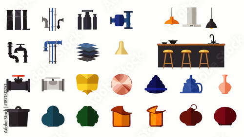 Collection of Industrial and Household Objects Icons: Pipes, Faucets, Lamps, Bar, Vases, and More