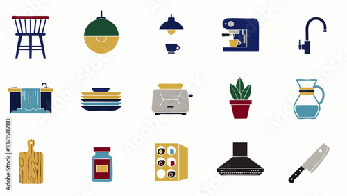Modern Kitchen Icons Set: Bar Stool, Coffee Machine, Sink, Plants, Utensils, and Appliances for Interior Design