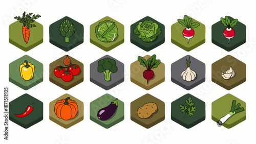 Collection of Hexagonal Icons Featuring Fresh Vegetables and Healthy Food Options for Nutrition and Diet Concepts