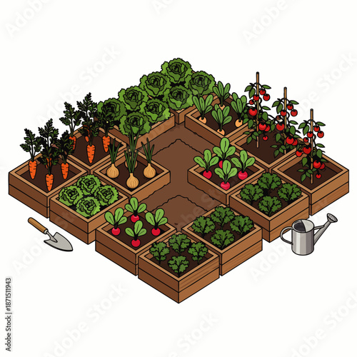 Isometric raised garden beds filled with fresh vegetables like carrots, lettuce, tomatoes, radishes, and onions, with gardening tools.