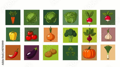 Collection of fresh vegetables and produce, illustrated in a grid format, showcasing variety and healthy eating options