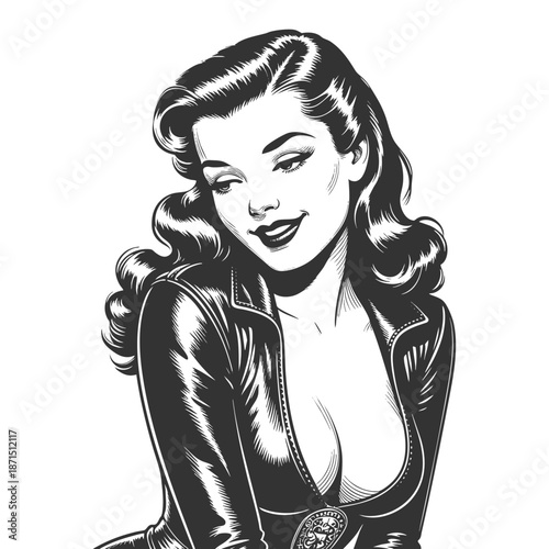 glamorous woman with wavy hair and a deep neckline leather jacket, exuding classic pin-up charm sketch engraving generative ai fictional character vector illustration. Scratch board. Black and white.
