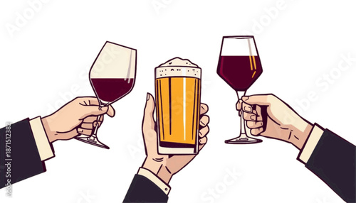 A minimalist vector illustration of three hands holding wine and beer glasses in a toast on transparent background