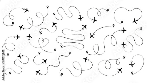Airplane Flight Path and Travel Route Icon Set: Dotted Line Map Tracks with Aircraft Silhouette and Destination Map Pins