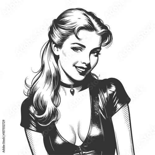 glamorous woman with wavy hair and a deep neckline leather jacket, exuding classic pin-up charm sketch engraving generative ai fictional character vector illustration. Scratch board. Black and white.