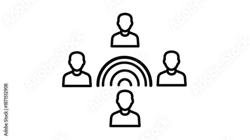 Simple illustration of four people connected by radiating lines depicting communication or networking