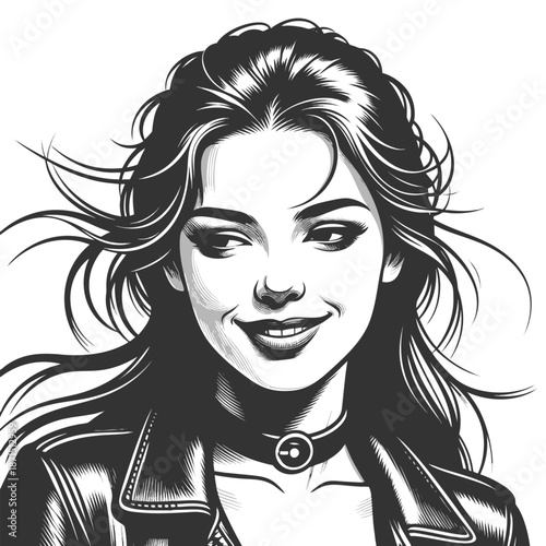 smiling young woman in a leather jacket and choker, expressing confidence and charm sketch engraving generative ai fictional character vector illustration. Scratch board imitation. Black and white.