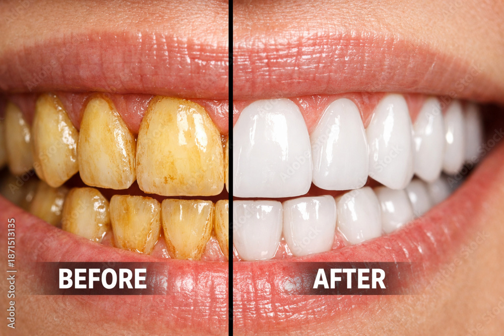 Obraz premium Before and After Teeth Whitening Dental Care Comparison