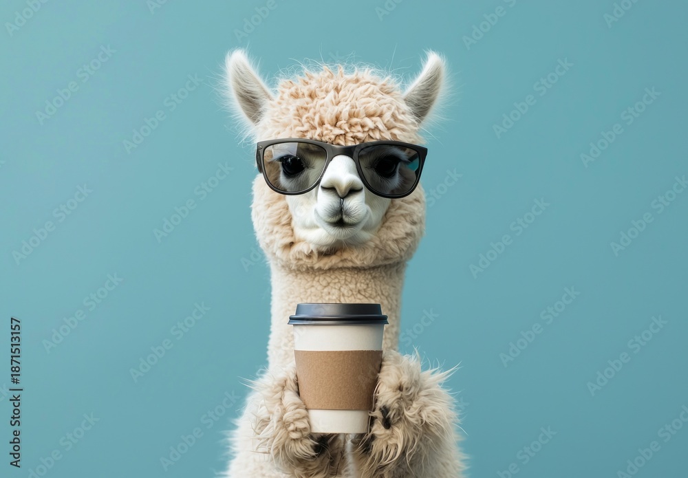 Fototapeta premium A stylish alpaca wearing sunglasses holds a coffee cup, showcasing a unique and playful blend of nature and modern lifestyle elements in a vibrant setting.