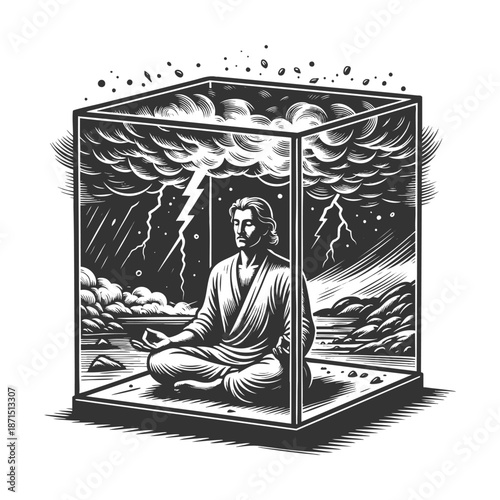 person meditating peacefully inside a glass cube while chaos and lightning rage outside it sketch engraving generative ai fictional character vector illustration. Scratch board. Black and white image.