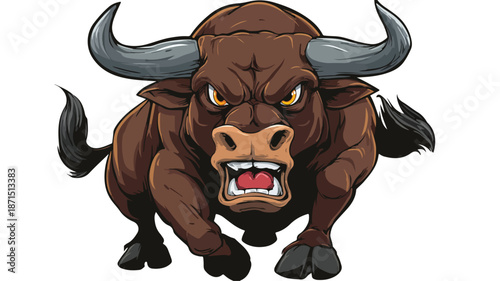 Fierce Angry Bull Cartoon Vector with Outline Isolated on White Background