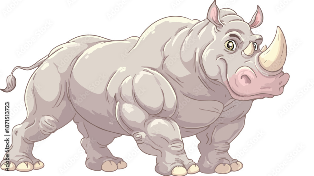 Fototapeta premium Cartoon Muscle Rhino with Outline on White Background Vector Illustration