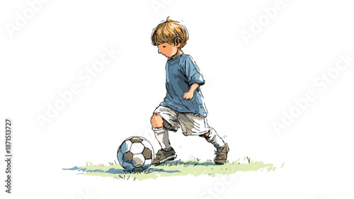 Young Child Enjoying Football with Outline Vector Illustration
