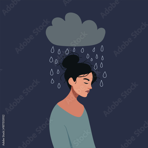 Vector illustration of a sad depressed woman under a dark cloud with rain pouring down on her. Modern flat vector design. Depression, mental health, burn out, anxiety concept. 