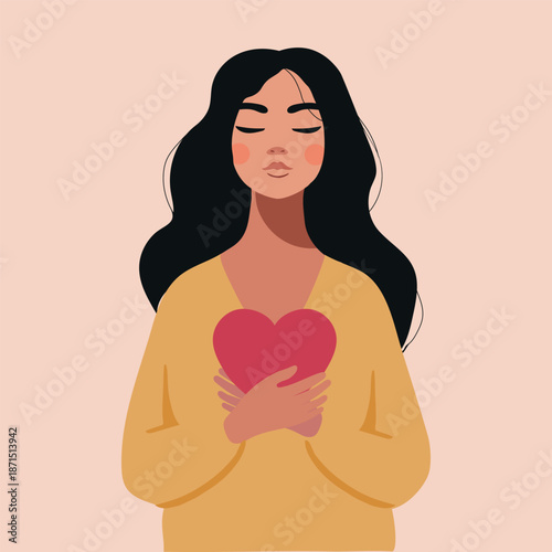 Beautiful young brunette woman female hugging a heart. Peace, love, mindfulness, self care, mental health concept. Modern flat vector style illustration.