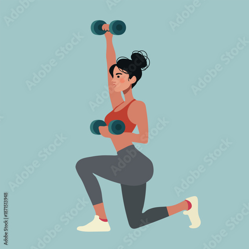 Young attractive sporty woman doing workout, exercise, weight lifting with dumbbells. Modern flat minimal vector illustration. Active lifestyle, workout, fitness,  sport, healthy habits concept.