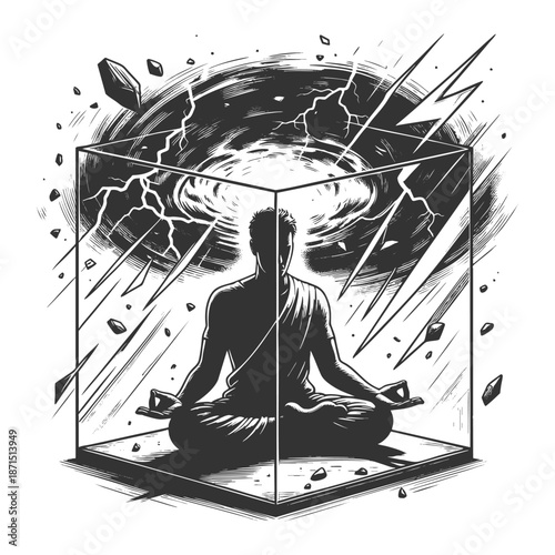 person meditating peacefully inside a glass cube while chaos and lightning rage outside it sketch engraving generative ai fictional character vector illustration. Scratch board. Black and white image.