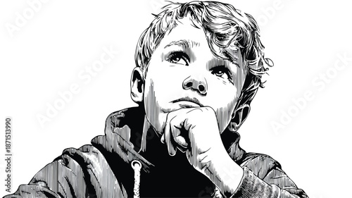Young Boy Thinking Vector on White Background - Isolated Outline Illustration