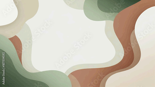 An abstract illustration showcases swirling shapes in earthy tones on a beige background.
