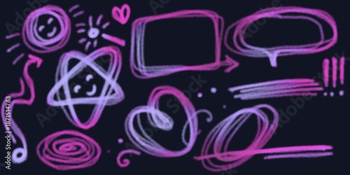 Collection of hand-drawn neon purple elements including smiley faces, stars, hearts, arrows, speech bubbles, frames, swirls, and scribbles with glowing effect on dark background. Fun