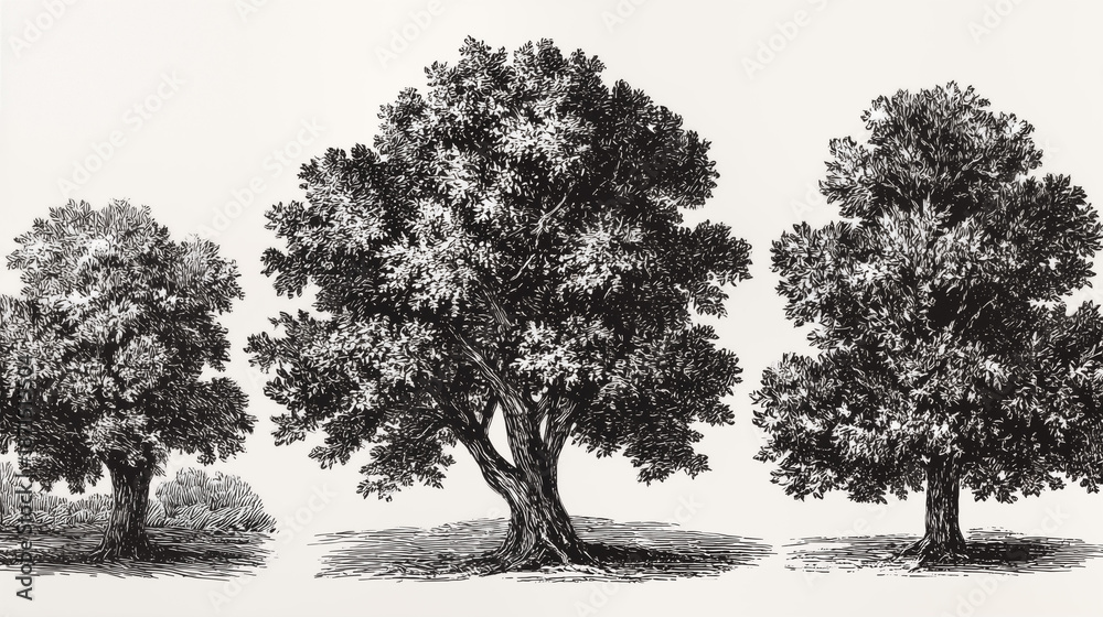 Fototapeta premium Vintage Hand-Drawn Engraved Trees Clip Art for T-Shirt Designs, Isolated on White Background