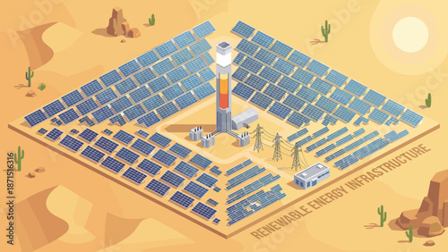 Isometric solar power plant in desert. Renewable energy infrastructure vector. Photovoltaic panels. Green electricity station. Sustainable technology. Sun farm grid. Industrial power.