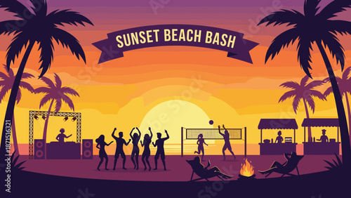 Sunset beach party silhouette vector background. Summer tropical vacation. Palm trees people dancing music. Ocean sea leisure fun. Holiday travel resort. Flat illustration scene.