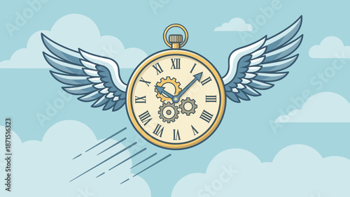 Time flies concept. Flying clock with wings in blue sky. Business deadline management metaphor. Fast speed urgency symbol. Vector illustration. Passing hours. Rapid motion rush work.